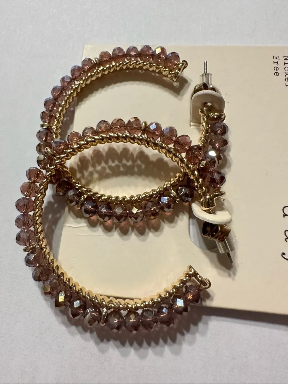 a new day Gold Hoop Earrings with Mauve Crystal Beads
